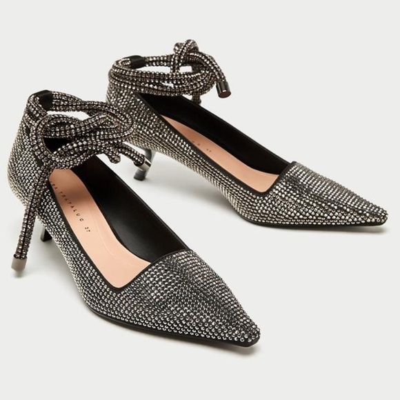 ZARA NEW GEM RHINESTONE BLACK GRAY SILVER POINTED BOW TIE ANKLE KITTEN HEELS 6 - Picture 2 of 11